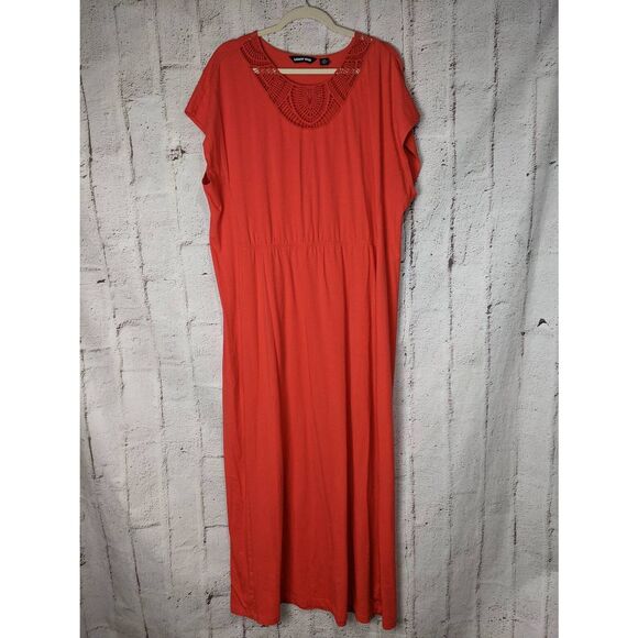 Lands end Women's‎ Short Sleeve Embroidered Neck Red Elastic Waist Maxi Dress Sz - Picture 1 of 8